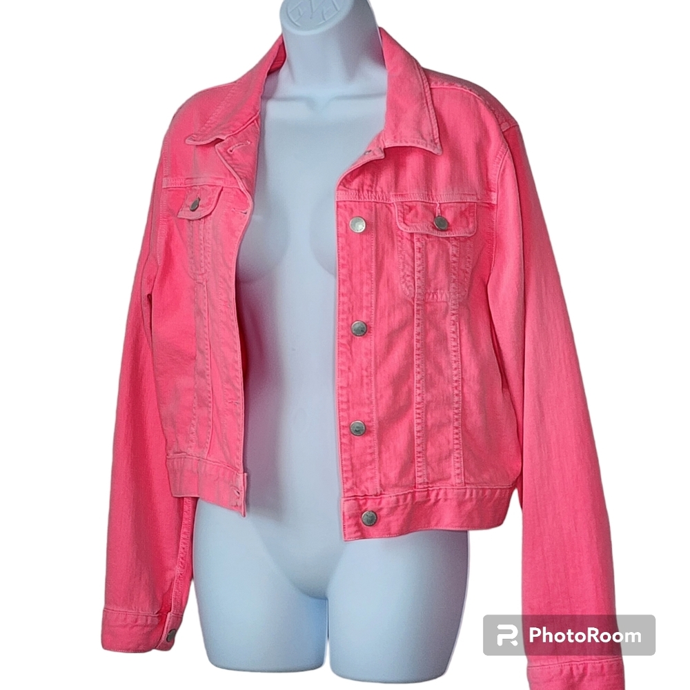 J Brand-Christopher Kane jacket denim neon pink-peach button front sz lrg 🎉 HP - Picture 8 of 16